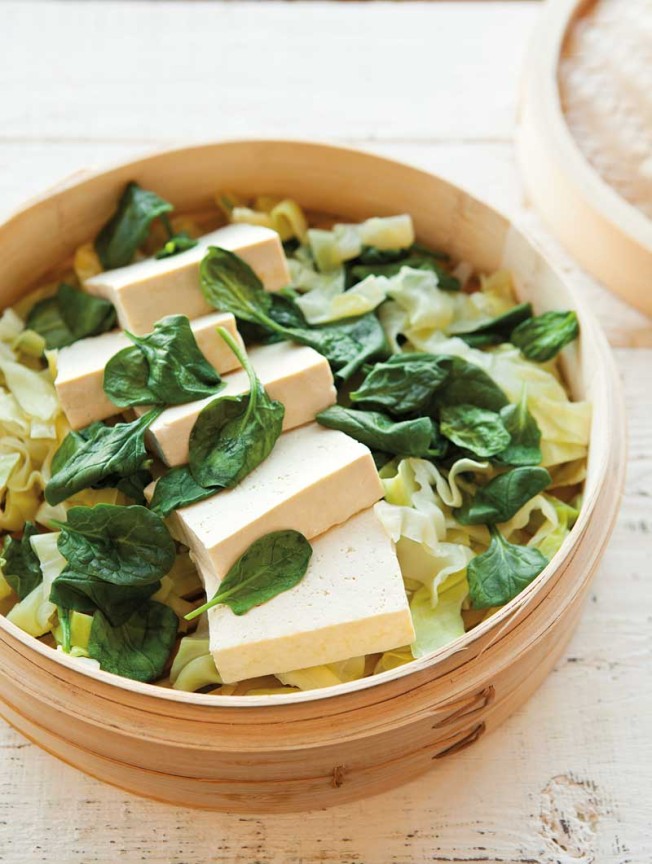 Steamed Tofu with  Greens & Peanut Sauce