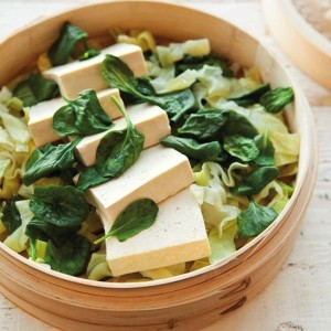Steamed Tofu with Greens & Peanut Sauce