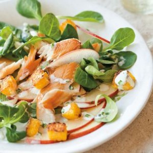 Smoked Trout and Apple Salad with Polenta Croutons