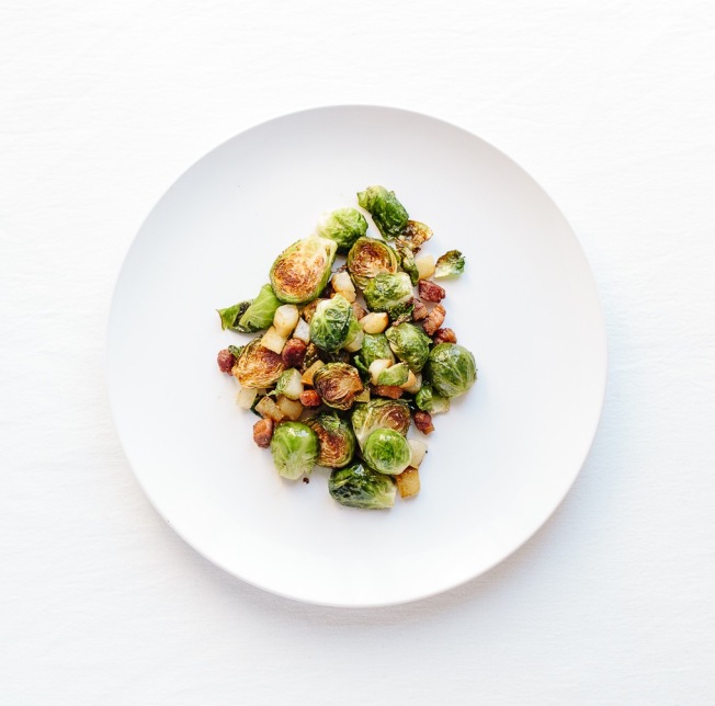 Roasted Brussels Sprouts with Lardons & Pears