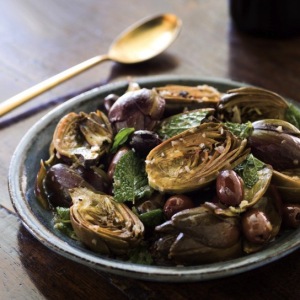 Braised Artichokes with Lemon, Mint and Olives