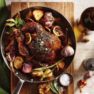 Herbed Roast Chicken with Lemon, Garlic and Red Onions
