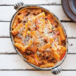 Baked Rigatoni with Fennel, Sausage and Peperonata