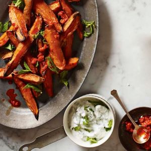 Roasted Sweet Potatoes with Chiles and Herbed Yogurt Sauce