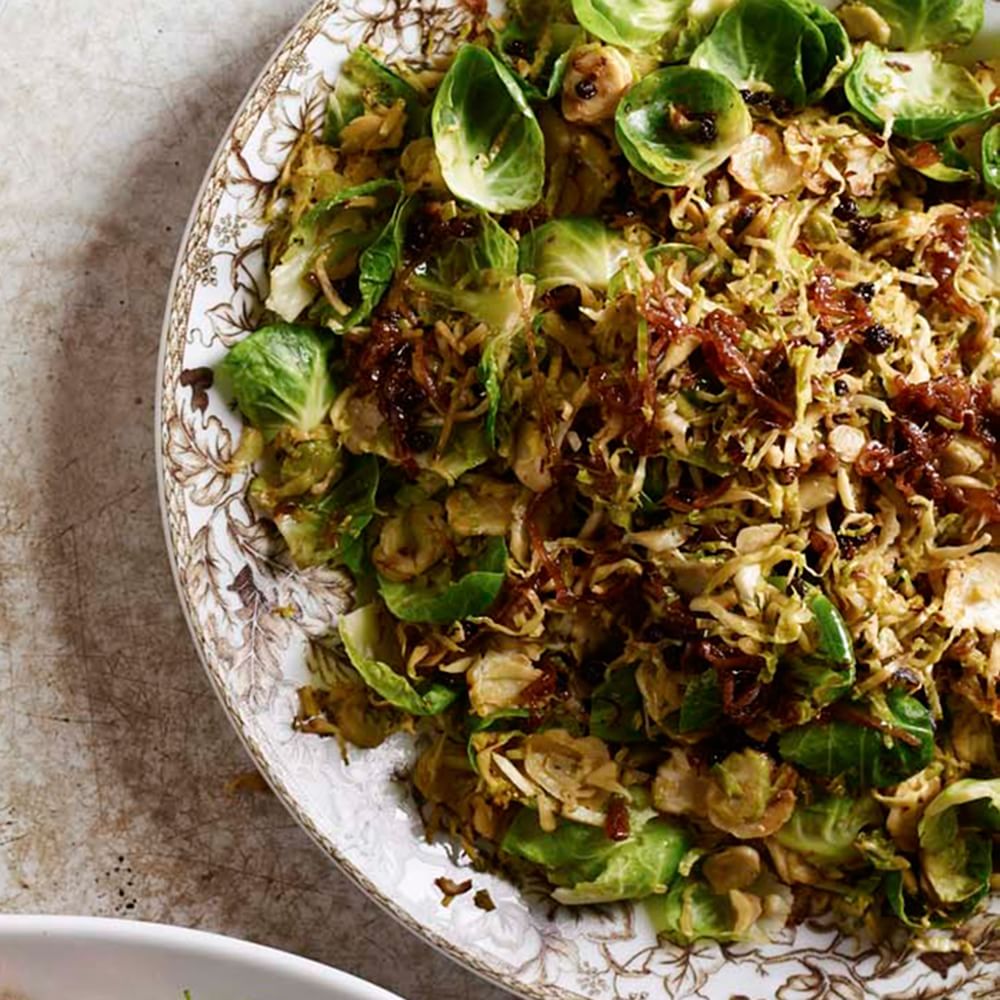 Shaved Brussels Sprouts with Caramelized Shallots and Currants