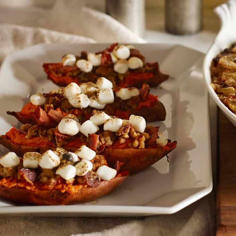 Twice-Baked Sweet Potatoes with Pecan-Bacon Streusel and Marshmallows
