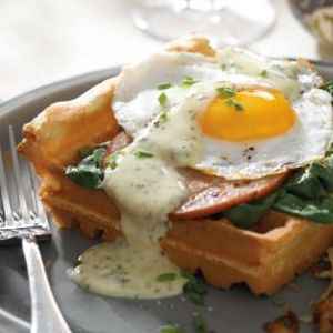 Eggs Florentine with Savory Waffles and Herbed Hollandaise