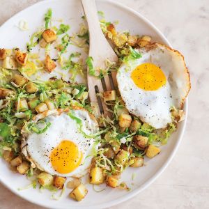 Brussels Sprouts and Potato Hash with Fried Eggs