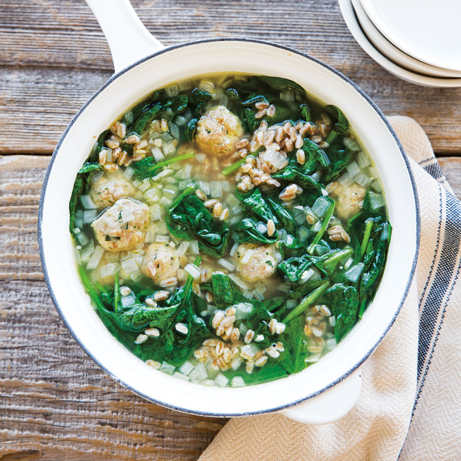 Turkey Meatball Soup with Spinach and Farro 