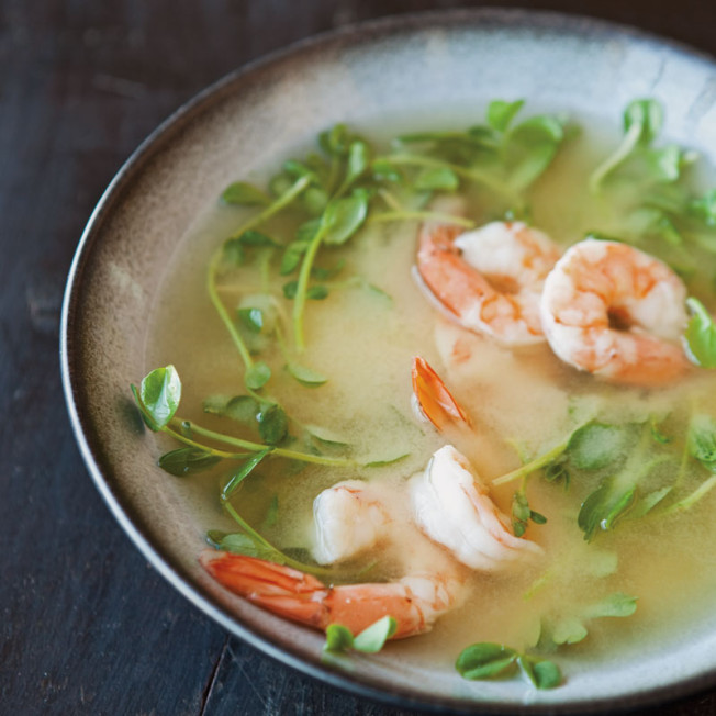 Miso Soup with Shrimp and Pea Shoots