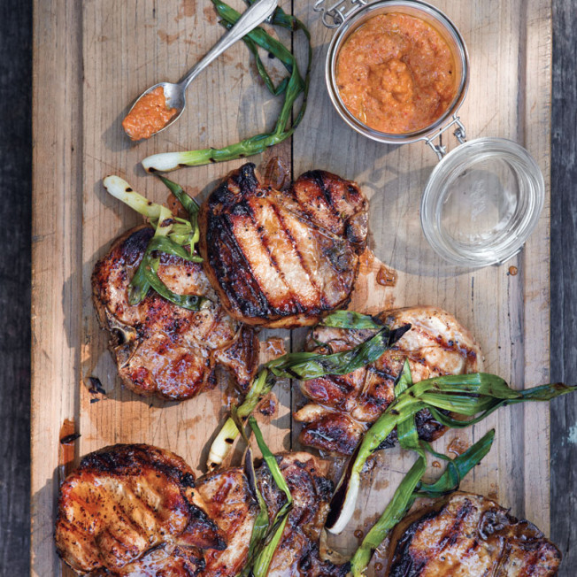 Pork Loin Chops with Romesco Sauce and Grilled Onions