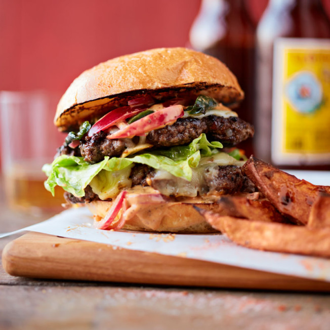 Triple-Chile Burger with Grilled Potato Wedges