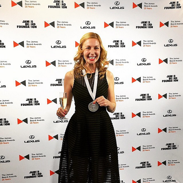 Christina Tosi taking home the medal for Outstanding Pastry Chef for her work at Momofuku Milk Bar in New York City. Photo courtesy of James Beard Foundation on Instagram. 