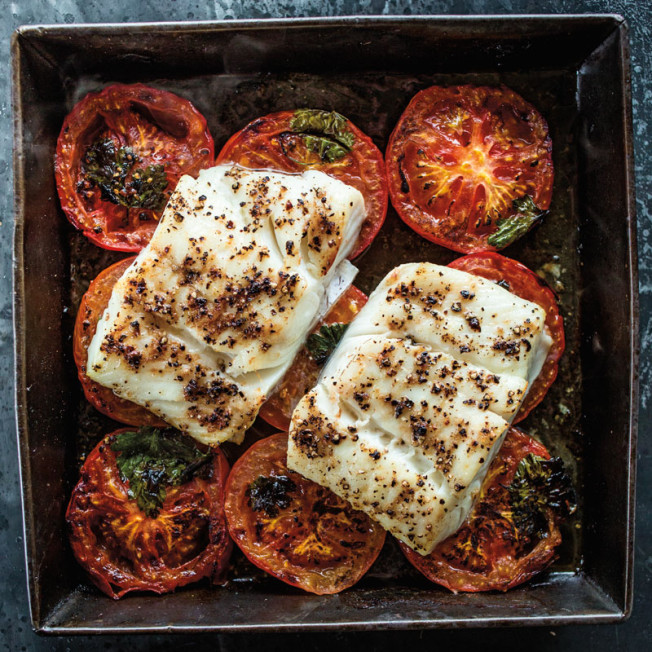 Black Pepper Halibut Steaks with Roasted Tomatoes