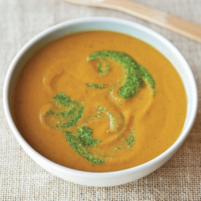 Roasted Summer Vegetable Soup with Sun-Dried Tomato Pesto