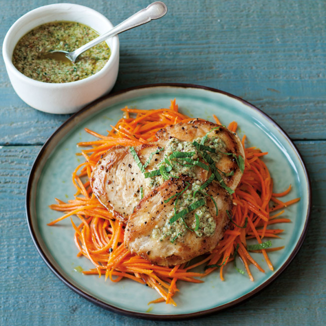 Chicken Cutlets and Carrots with Mint Pesto