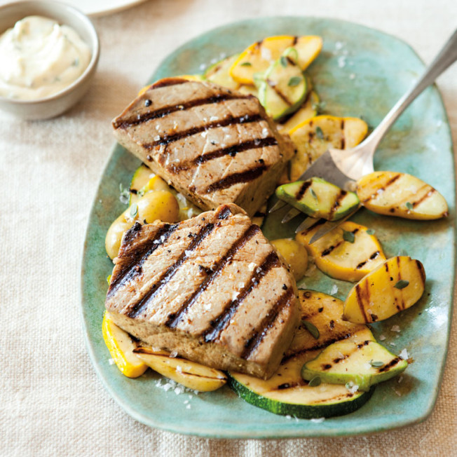 Grilled Tuna and Vegetables with Fresh Herb Mayonnaise