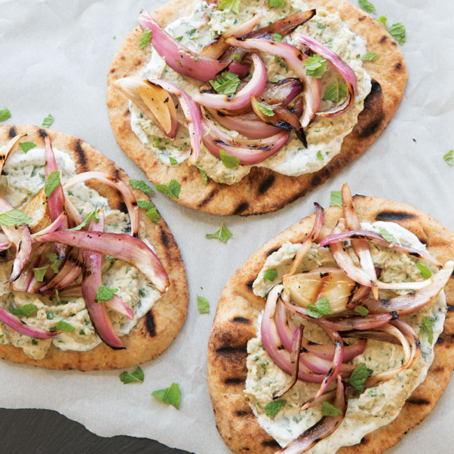 Grilled Naan with Smoky Eggplant Puree and Red Onions
