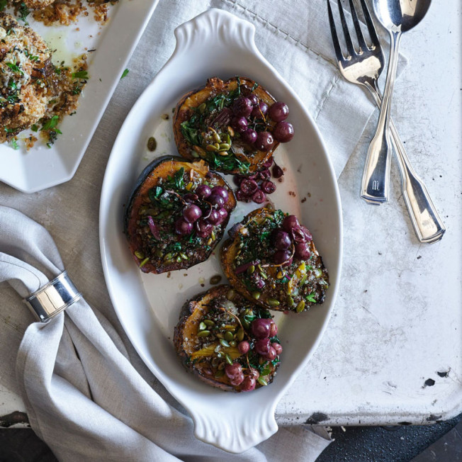 Roasted Acorn Squash with Wild Rice and Grapes