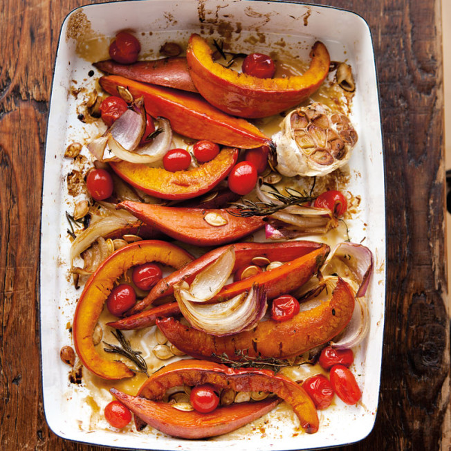 Roasted Pumpkin with Garlic, Sweet Potatoes and Cherry Tomatoes