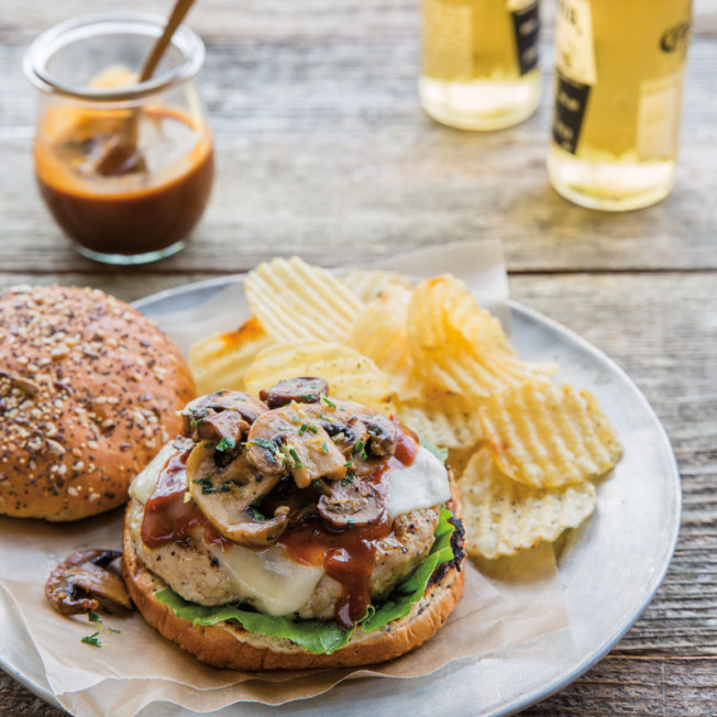 Chicken Burgers with Bourbon Barbecue Sauce and Mushrooms