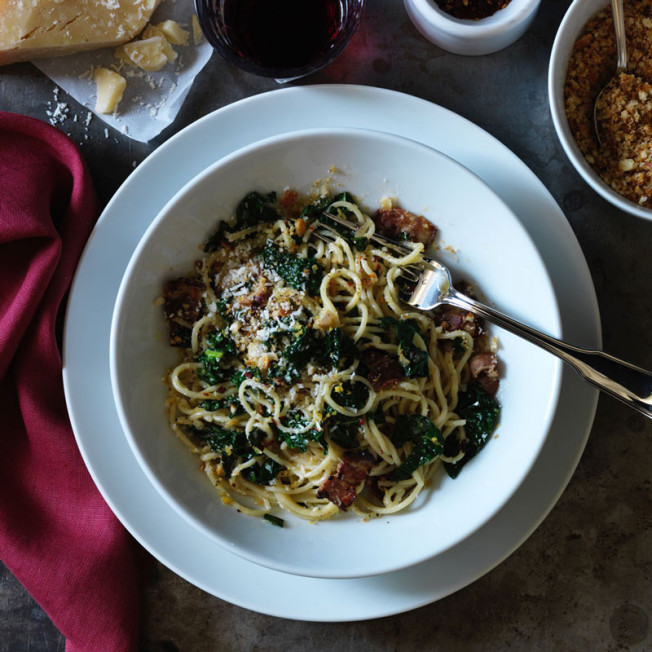 Spaghetti with Bacon and Kale