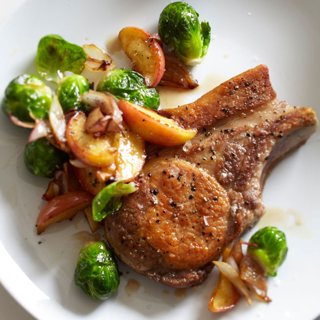 Pork Chops with Roasted Apple, Brussels Sprouts and Bacon