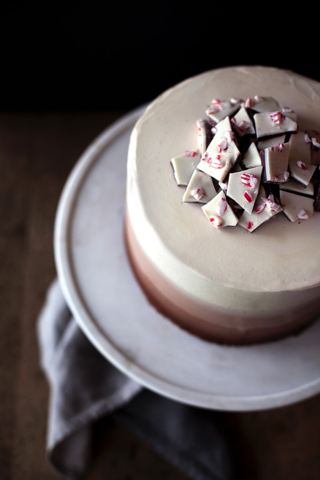 Chocolate and Vanilla Ombre Cake with Peppermint Bark