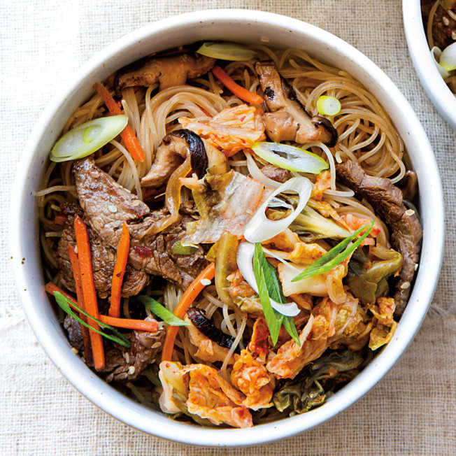 Korean-Style Noodles with Marinated Steak and Kimchi