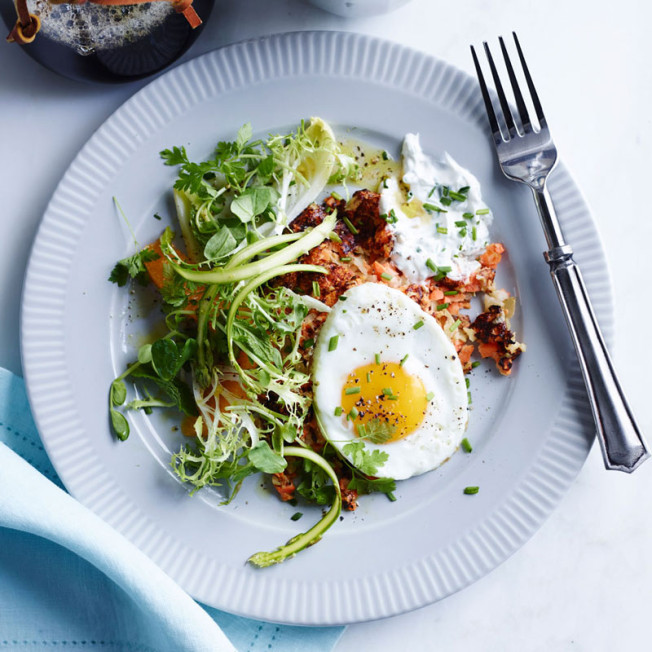 Breakfast Hash with Fried Eggs and Chive Sour Cream
