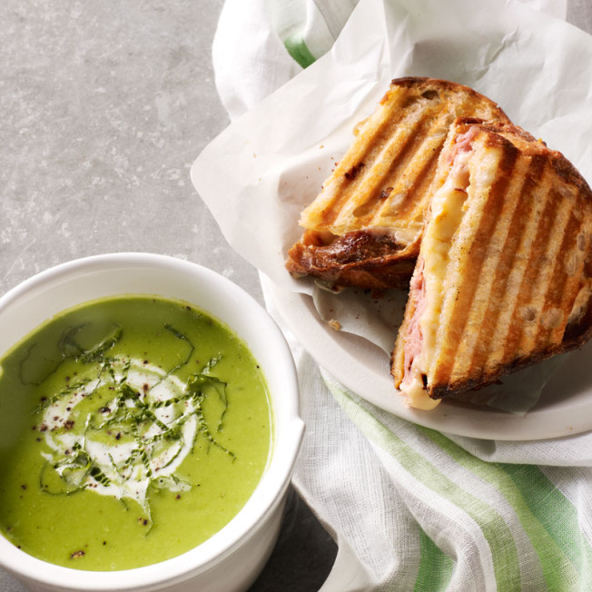 Pea Soup with Grilled Ham and Cheese