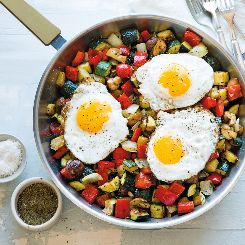Vegetable and Thyme Hash with Fried Eggs
