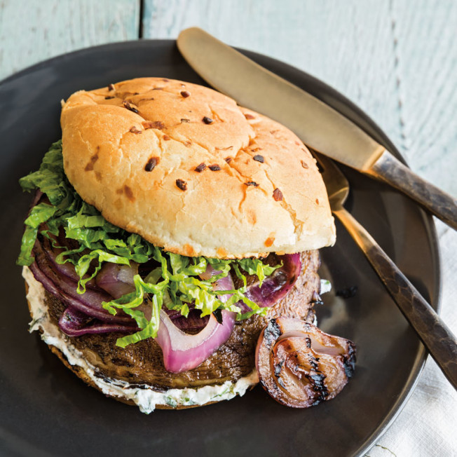 Portobello Burgers with Herbed Chèvre and Grilled Onions