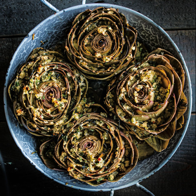 may-6-Stuffed-Artichokes-with-Spicy-Herbed-Bread-Crumbs