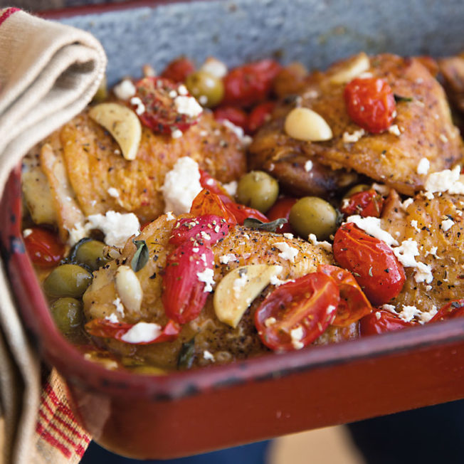 Roast Chicken Thighs with Tomatoes, Olives and Feta
