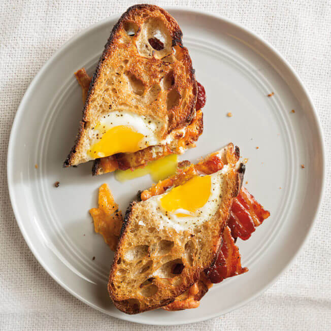 Egg-in-a-Hole Sandwiches with Maple-Glazed Bacon