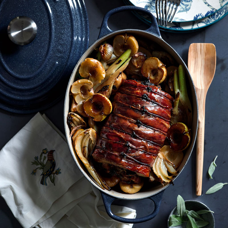 Prosciutto-Wrapped Pork Loin with Apples and Fennel