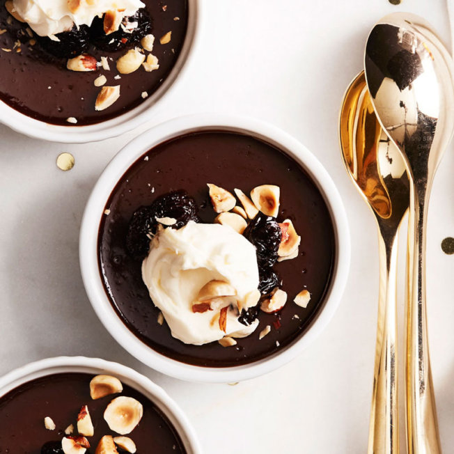 Chocolate Pots de Crème with Amaretto Cherries and Hazelnuts