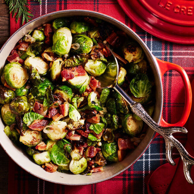 Roasted Brussels Sprouts with Pine Nuts and Bacon
