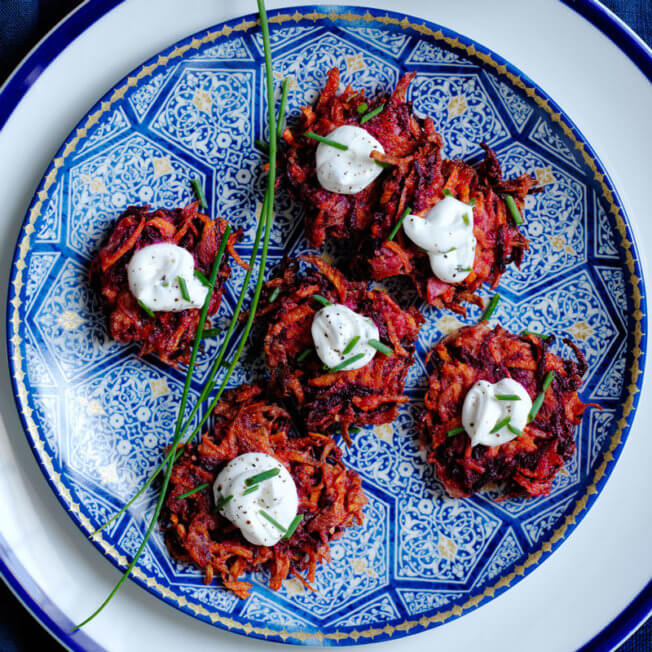 Beet Latkes with Chive Goat Cheese