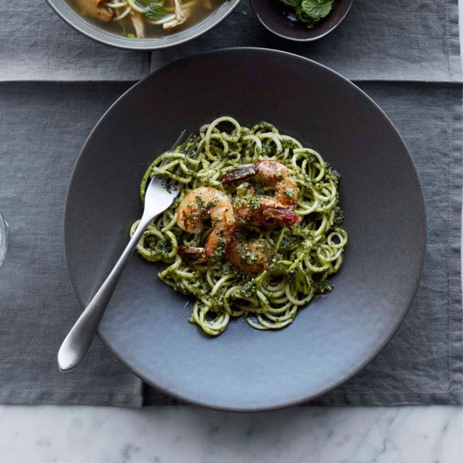 zucchini-noodles-and-shrimp-with-almond-herb-pesto
