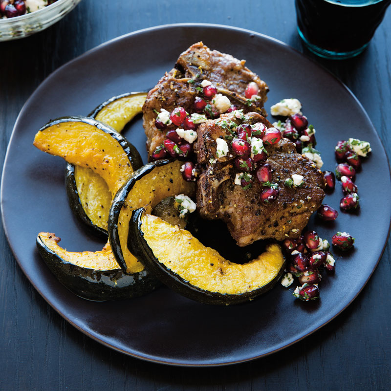 Lamb Chops with Feta-Pomegranate Topping and Squash