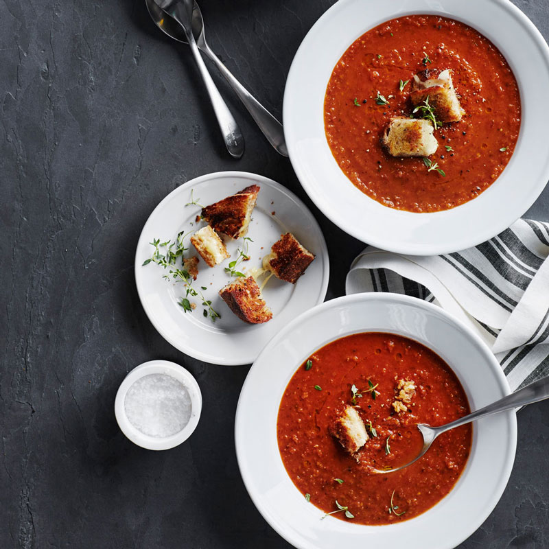 Roasted Red Pepper and Tomato Soup with Thyme Croutons