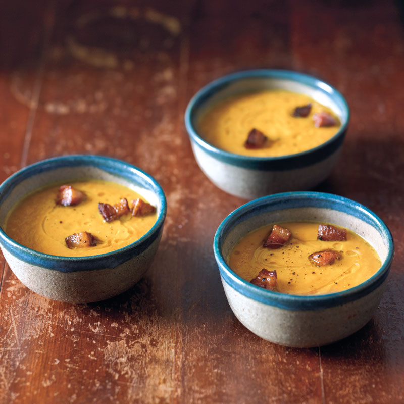 Carrot and winter squash soup with pancetta