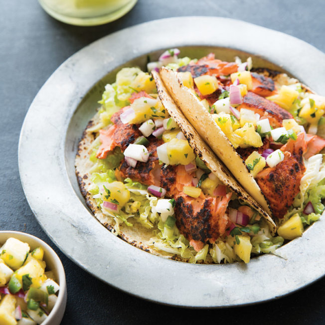 Blackened Salmon Tacos with Spicy Cabbage