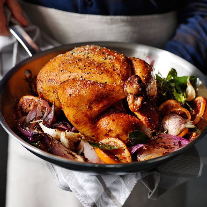 Roast Chicken with Blood Oranges and Red Onion