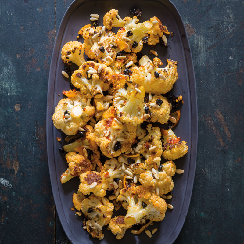 Cauliflower Roasted with Chile, Meyer Lemon, Currants and Pine Nuts