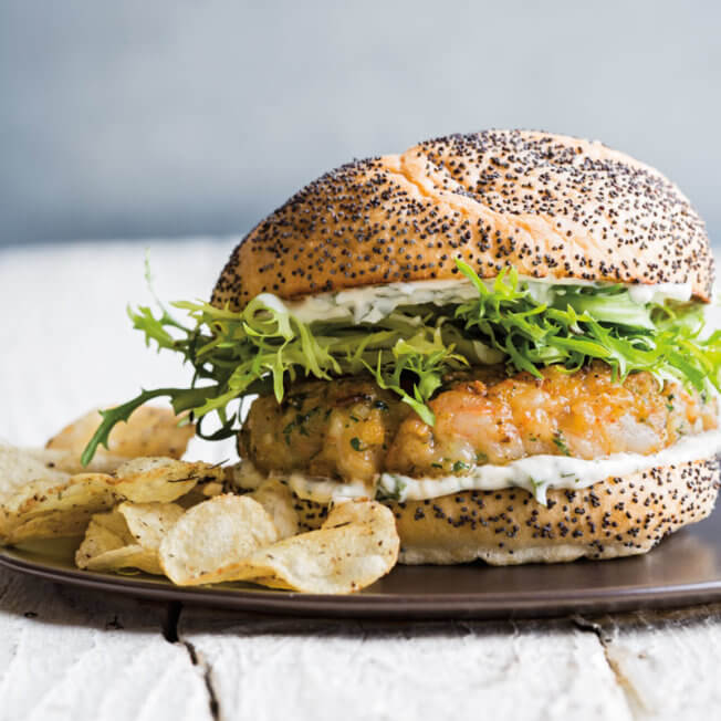 Shrimp Burgers with Herbed Aioli and Frisée Salad