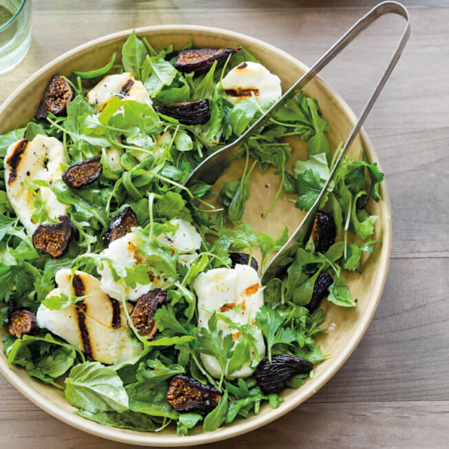 Baby Arugula and Herb Salad with Dried Figs and Halloumi
