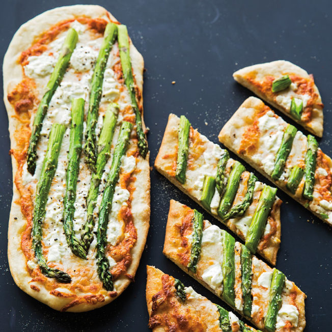 Asparagus and Goat Cheese Pizza with Red Pepper Pesto